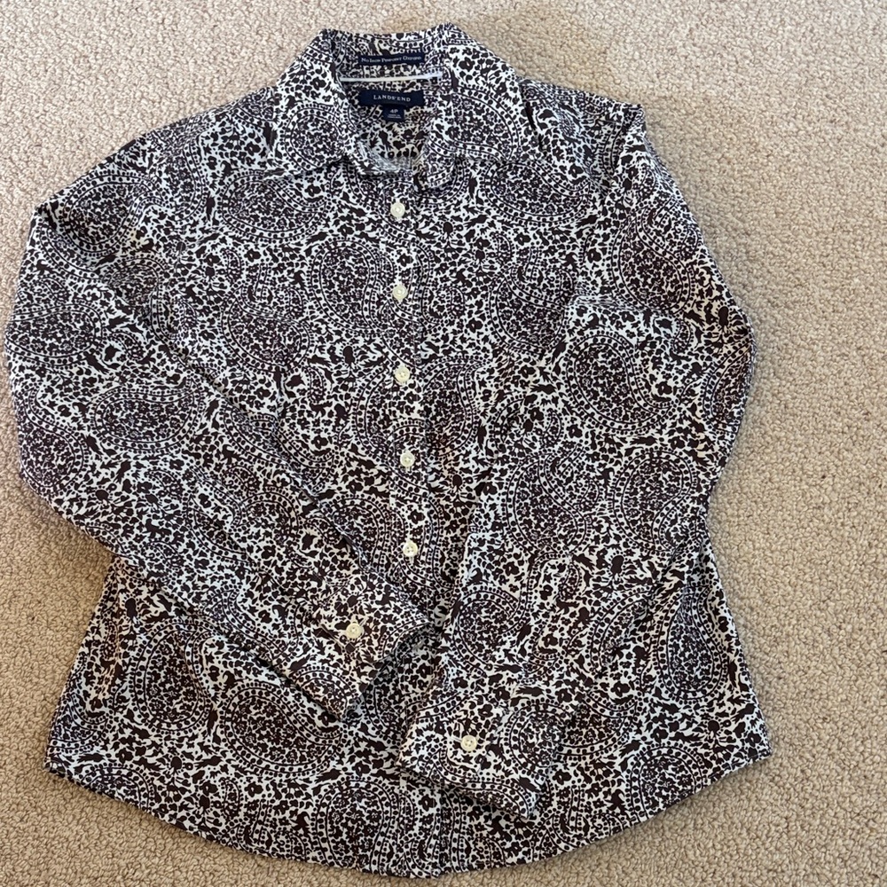 Land’s End Brown and White Floral No Iron Pinpoint Oxford Shirt